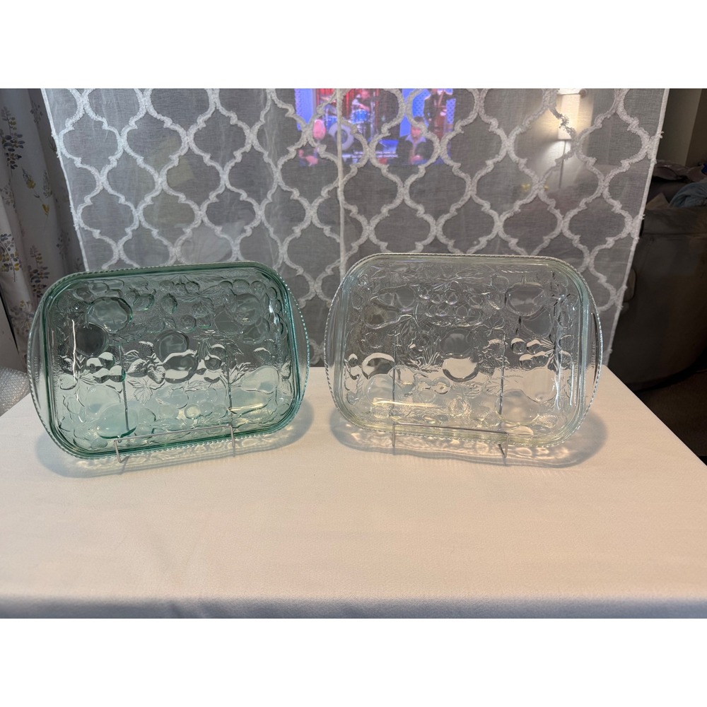 Vintage Libbey Orchard Fruit Baking Dish Set Clear Green Glass Oven Proof 2pc